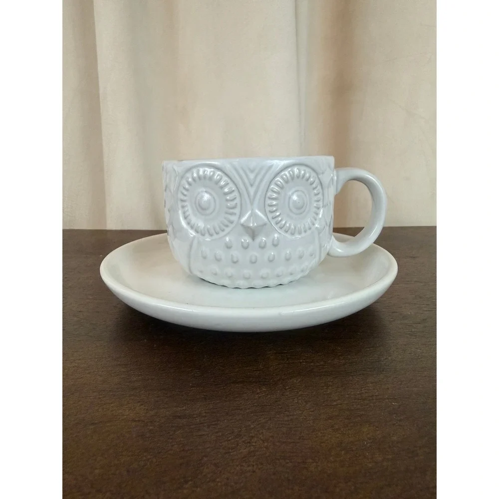 West Elm PAIR (2) White Embossed Ceramic Owl Mugs and Saucers RARE